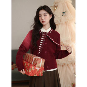 鹿向南「清欢渡月」法式洋气红色毛衣女秋冬时尚长袖开衫短款上衣