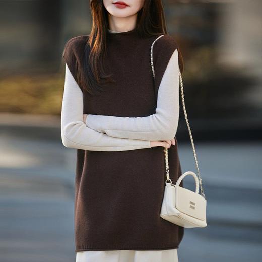 丁摩 半高领100纯羊毛针织马甲女秋冬中长款宽松无袖毛衣坎肩yc-028 商品图5