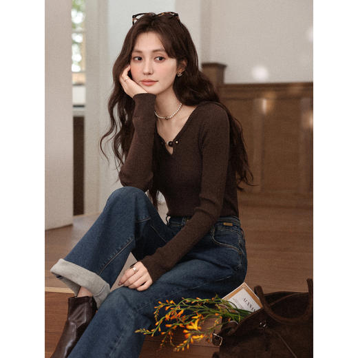 鹿向南「情诗满卷」蓝色高腰微喇牛仔裤女秋冬新款复古阔腿喇叭裤 商品图4