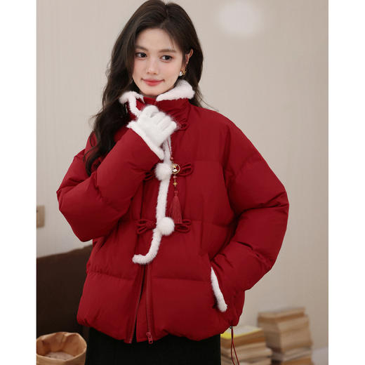 鹿向南「落日海棠」90白鸭绒国风红色盘扣羽绒服女冬季保暖短外套 商品图0