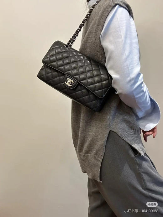 Chanel CF 中号 黑银 荔枝纹牛皮 斜挎包 商品图3