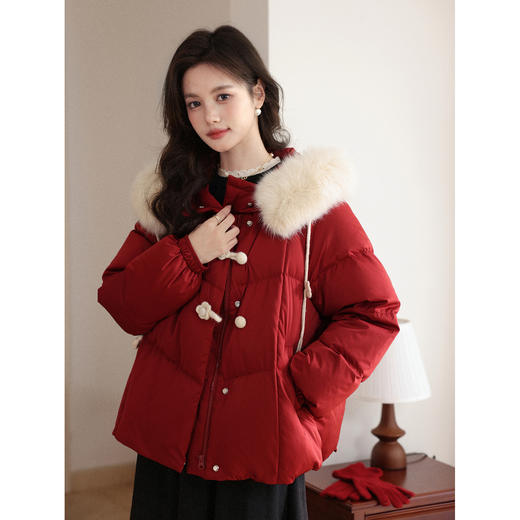 鹿向南「红枫叶」90白鸭绒羽绒服女装冬季可拆卸狐狸毛领保暖外套 商品图1