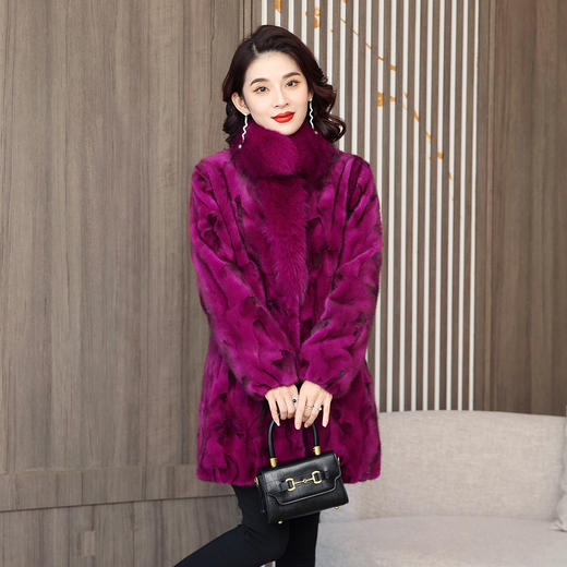 丁摩 海宁新款水貂皮草外套中长款狐狸毛领大衣 商品图1