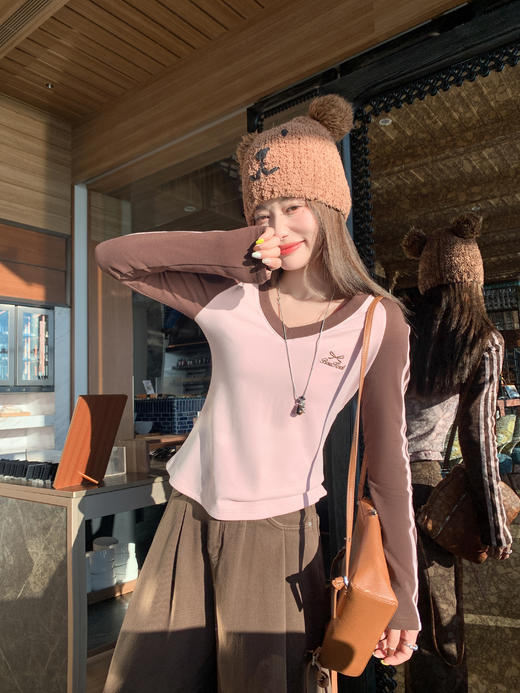 <曾小咸推荐> 美式v领拼接粉色长袖t恤 日常139.99 立减80 秒杀59.99！！ 商品图9