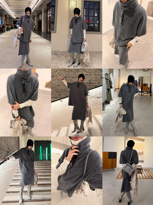 HIDEMI 进口澳洲美利奴羊毛拉毛拉绒工艺可拆卸脖套毛衣半裙套装两件套 商品图2