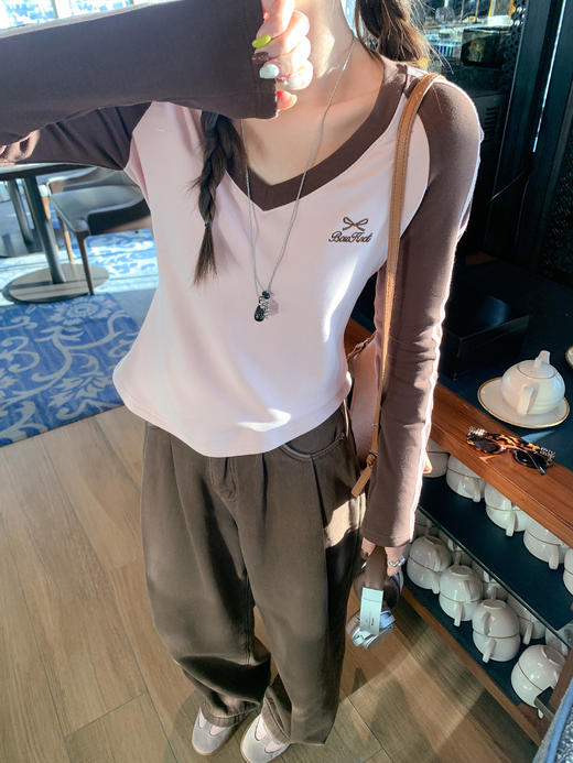 <曾小咸推荐> 美式v领拼接粉色长袖t恤 日常139.99 立减80 秒杀59.99！！ 商品图7