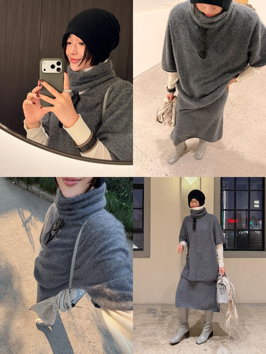 HIDEMI 进口澳洲美利奴羊毛拉毛拉绒工艺可拆卸脖套毛衣半裙套装两件套 商品图1