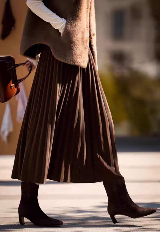 日落金山洒金秋冬百褶醋酸羊毛混纺高腰A字半身裙 商品图2