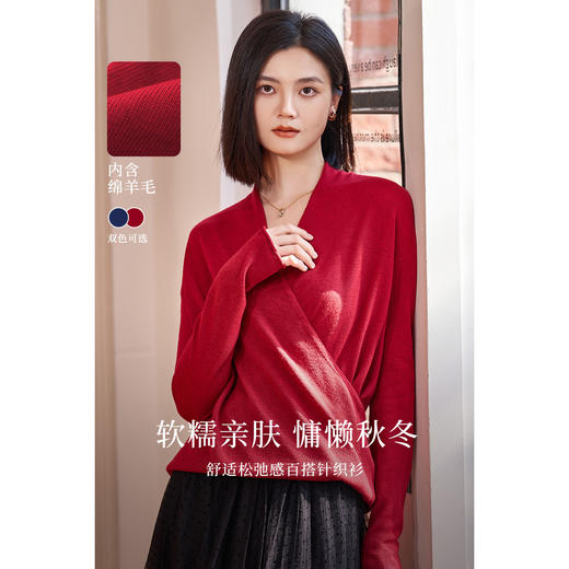 剩S/M/L 知性蓝针织衫 米思阳春季新款知性百搭蓝色修身显瘦垂感大V领长袖针织衫女8951 商品图0