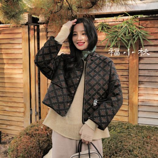 福小袄 柿蒂花叶纹羊毛桑蚕丝软绸 丝绒滚边羊驼绒新中式对襟棉衣 商品图0