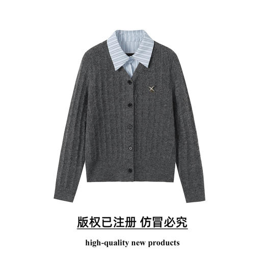 奢姿大码女装2025秋季胖妹妹时尚减龄假两件针织衫条纹衬衫领上衣9653670371 商品图0