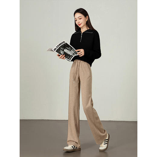 【年终特卖】熙世界人字纹毛呢裤女秋冬新款宽松直筒休闲高腰垂感窄版阔腿裤子 商品图4