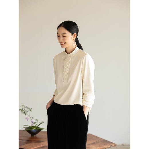 牧衣游原创 22姆米重磅真丝净色衬衫新款打条复古中式上衣 花雨榭 商品图1