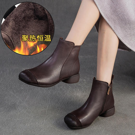 JZ65735-6 2025冬季新款加绒保暖头层牛皮复古粗跟短靴通勤棉鞋百搭女鞋 商品图3