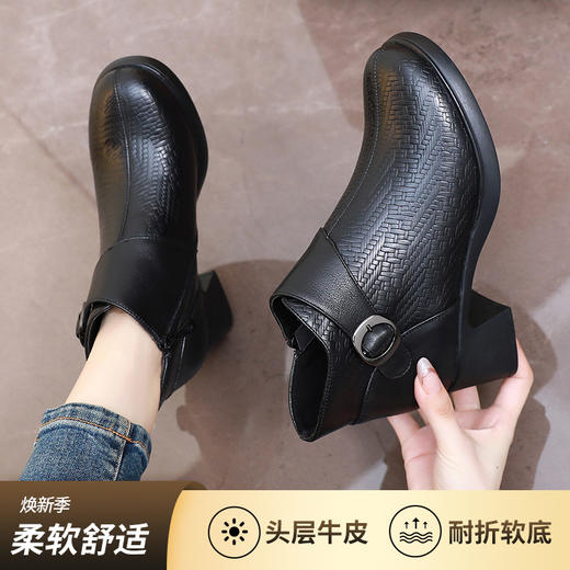 丁摩 秋冬季粗中跟软底头层牛皮加绒保暖短靴女单靴5ZF-7233 商品图2