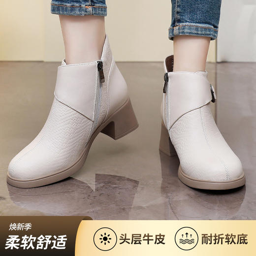丁摩 秋冬季粗中跟软底头层牛皮加绒保暖短靴女单靴5ZF-7233 商品图1