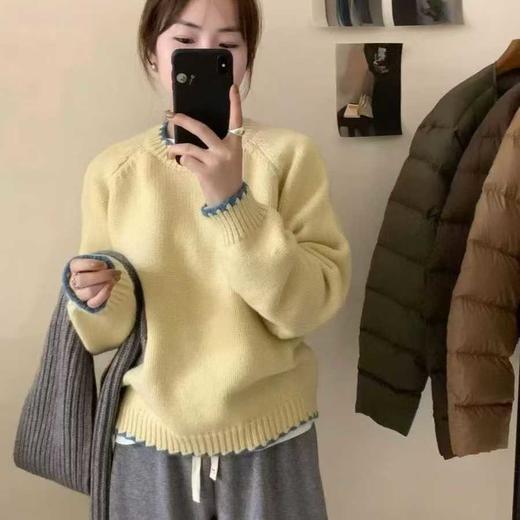 【YW】无忧购韩版温柔风撞色勾边圆领套头毛衣女宽松百搭针织衫8116#（截单后5-7天发货） 商品图1