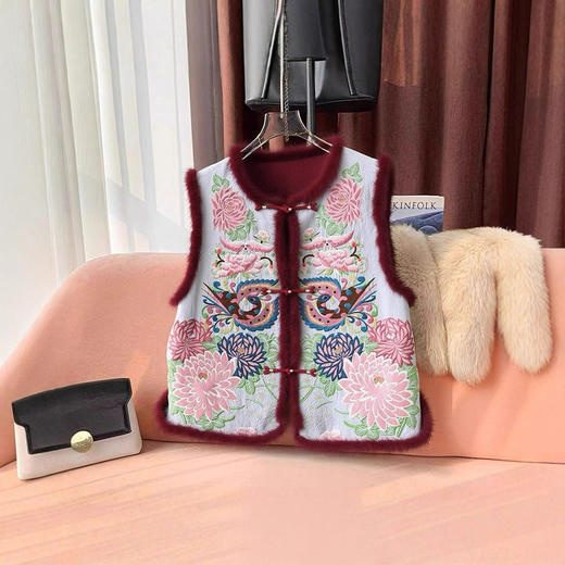 丁摩 醋酸新中式马甲棉服女秋冬款马夹重工国风刺绣背心夹棉外套5ZF-9678 商品图0