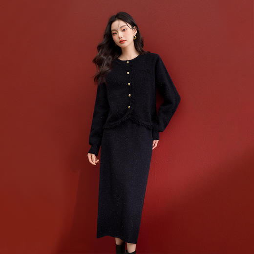 西遇满天星小香风针织半身裙女冬季新款高级感高腰显瘦A字裙V3755326 商品图3