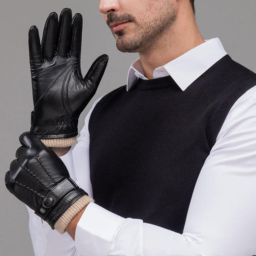 雀说 男士真皮手套头层羊皮冬季保暖男士触屏手套9013 商品图3