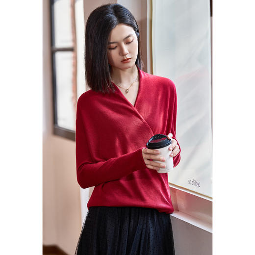 剩S/M/L 知性蓝针织衫 米思阳春季新款知性百搭蓝色修身显瘦垂感大V领长袖针织衫女8951 商品图5