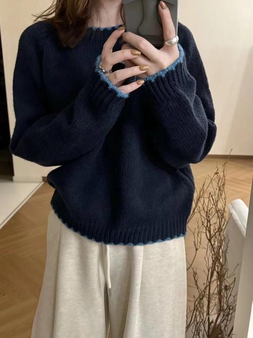 【YW】无忧购韩版温柔风撞色勾边圆领套头毛衣女宽松百搭针织衫8116#（截单后5-7天发货） 商品图0