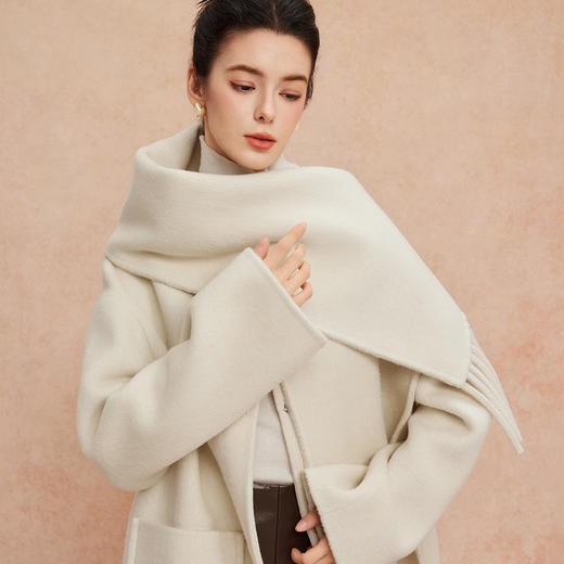 QH957斯尔丽25新款流苏围巾慵懒风廓形显瘦中长手工双面羊毛大衣 商品图9