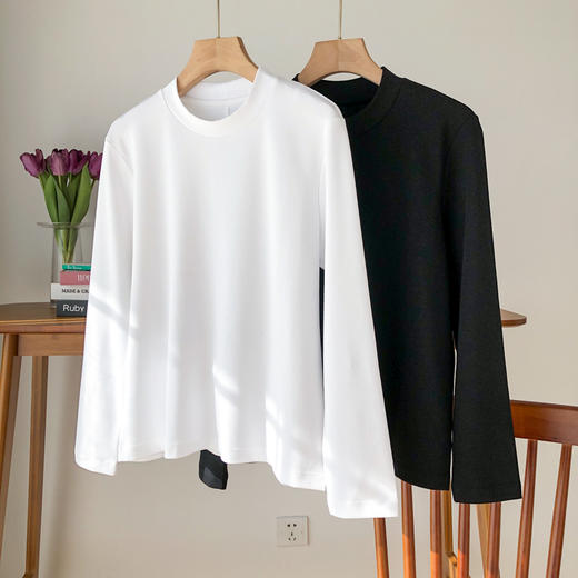 雀说后中缝线长袖T恤纯色简约白色云柔纯棉上衣螺纹圆领打底ALWX2511-1 商品图4