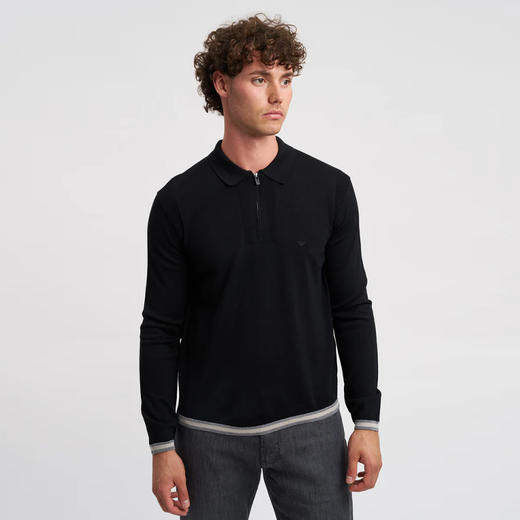EMPORIO ARMANI 阿玛尼 男士小鹰徽标刺绣纯羊毛长袖Polo针织衫 黑色 EM001512 AF14158 UC001 商品图0
