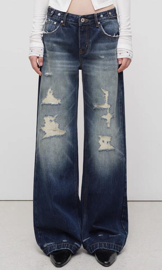 出逃赤岗西/25AWN115/复古做旧蓝赤耳红边破洞阔腿牛仔裤 商品图3