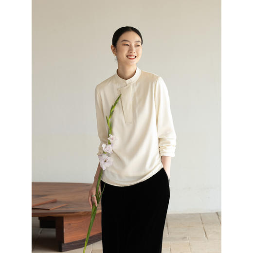 牧衣游原创 22姆米重磅真丝净色衬衫新款打条复古中式上衣 花雨榭 商品图3