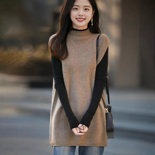 丁摩 半高领100纯羊毛针织马甲女秋冬中长款宽松无袖毛衣坎肩yc-028 商品图1