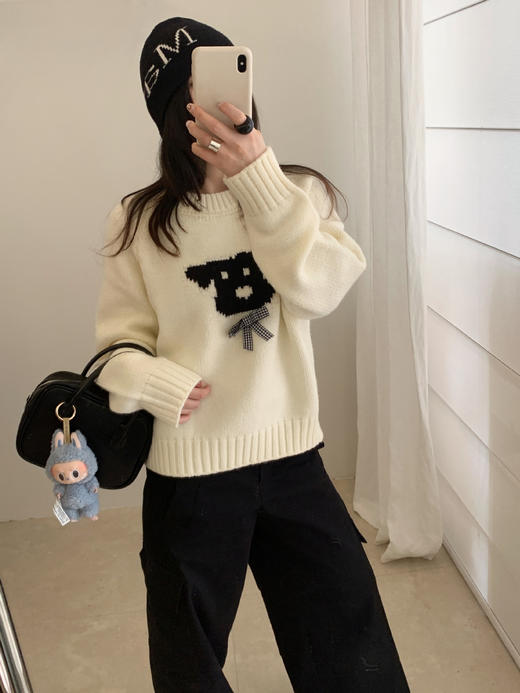 【YW】无忧购减龄卡通狗狗蝴蝶结圆领套头秋冬毛衣女91447（截单后3-5天发货） 商品图5