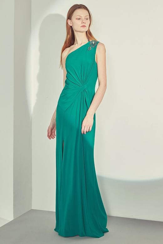 Adrianna Papell 孔雀绿单肩开衩优雅礼服 13690 商品图4