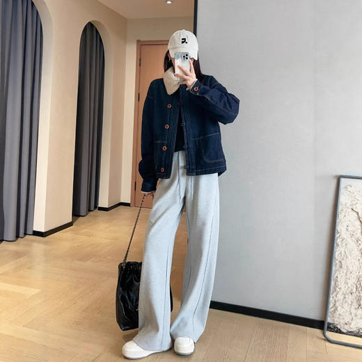 丁摩 复古温暖显瘦羊羔毛翻领短款工装夹棉牛仔外套女5ZF-202 商品图3