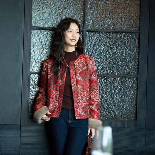 丁摩 真丝香云纱棉衣女冬水貂毛袖口提花短款保暖复古中式外套5ZF-76063 商品图2