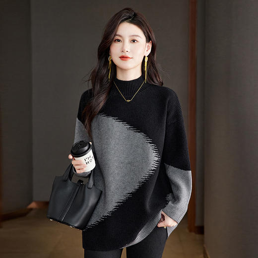 丁摩 秋冬女装中长款半高领撞色毛衣026-6106 商品图2