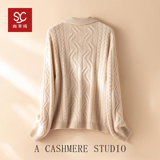温婉如玉~100%纯山羊绒衫女剪刀领加厚绞花外套百搭毛衣 商品图2