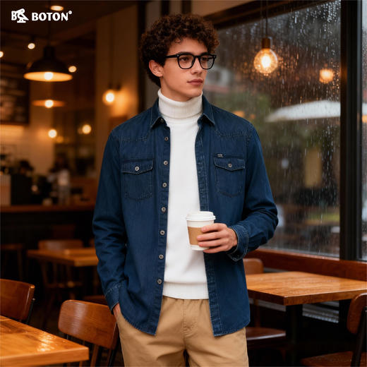 波顿男士 牛仔衬衫 利落百搭 宽松全棉耐穿长袖MS070124Z 商品图1