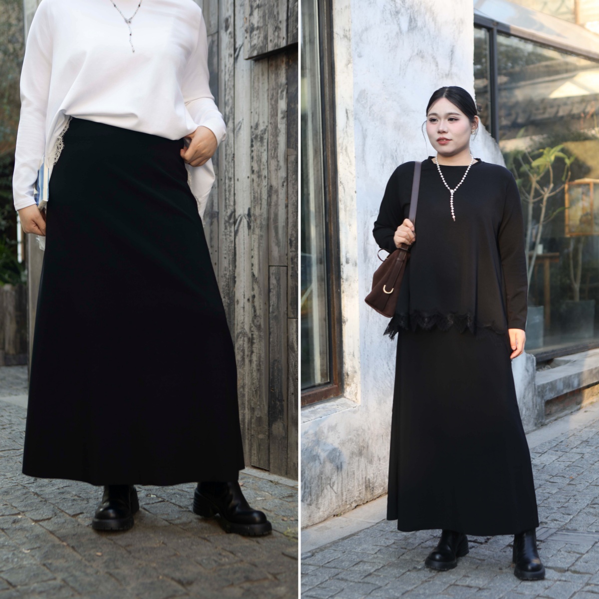 一周发货【薄绒长款半裙】「懒人凹造型」黑色及踝半身长裙｜胸以下全是腿，小个子高妹都能穿的万能裙，可以穿冬春秋3个季节，韩国出口款，成分：聚酯纤维92%   氨纶8%，💞小个子姐妹可备注裁剪