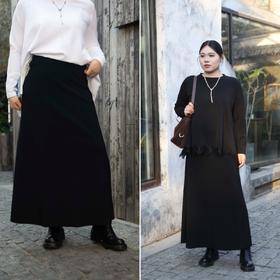 一周发货【薄绒长款半裙】「懒人凹造型」黑色及踝半身长裙｜胸以下全是腿，小个子高妹都能穿的万能裙，可以穿冬春秋3个季节，韩国出口款，成分：聚酯纤维92%   氨纶8%，💞小个子姐妹可备注裁剪