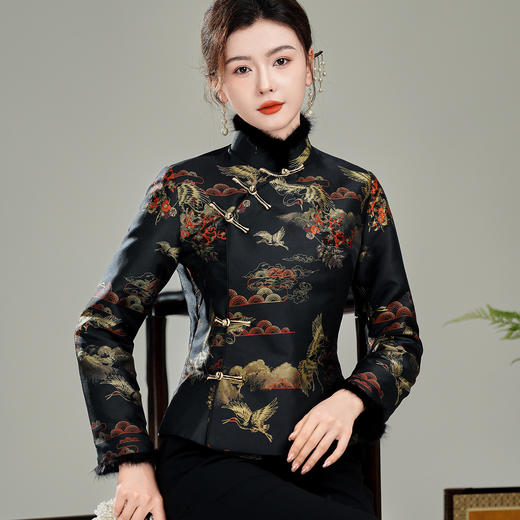 【九鹤】复古开襟毛领盘扣夹棉，新中式唐装上衣保暖外套XGT-T25128 商品图1