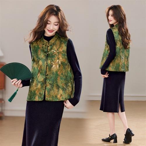 HR YBER627加棉新中式立体刺绣花卉气质优雅立领盘扣马甲两件套裙 商品图1