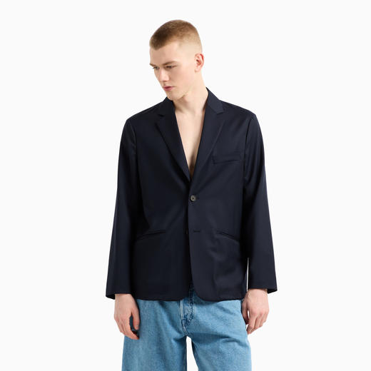 EMPORIO ARMANI 阿玛尼 男士轻盈的初剪羊毛混纺斜纹单排扣西服外套 深蓝色 EM001125 AF17835 UB118 商品图1