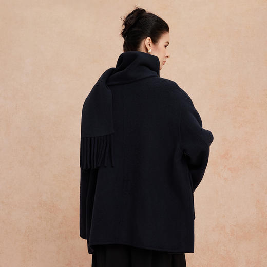 QH957斯尔丽25新款流苏围巾慵懒风廓形显瘦中长手工双面羊毛大衣 商品图1