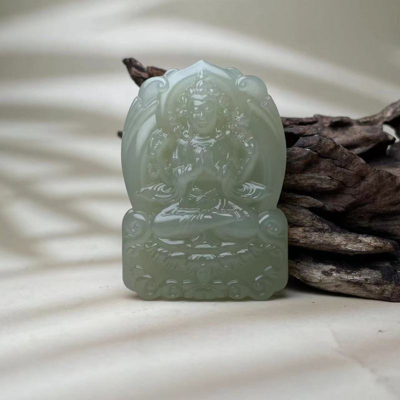 和田玉吊坠-晴水莲花座观音