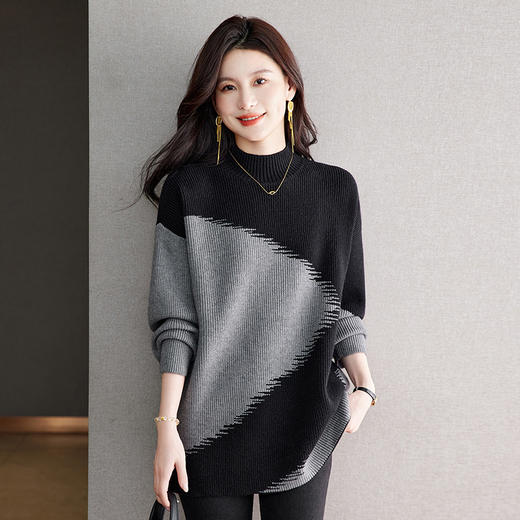 丁摩 秋冬女装中长款半高领撞色毛衣026-6106 商品图1