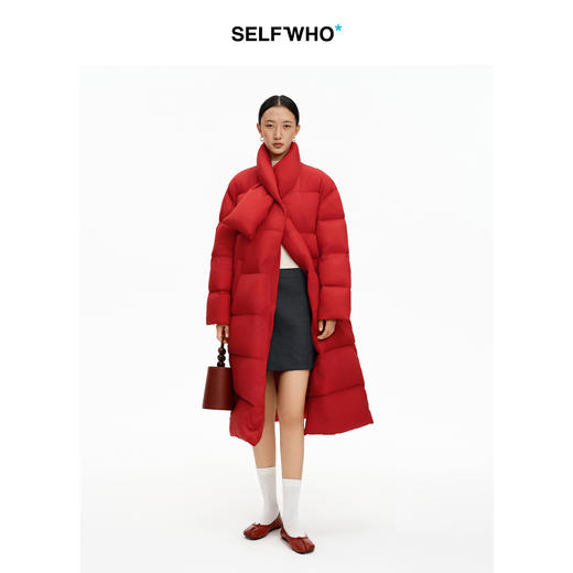 SELFWHO90白鸭绒圣诞红围巾领羽绒服女2025冬季新款保暖长款外套 商品图1