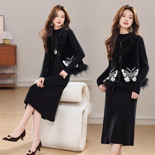 HR YBER629加棉新中式圆领真毛马甲洋气显瘦气质款两件套裙 商品图3