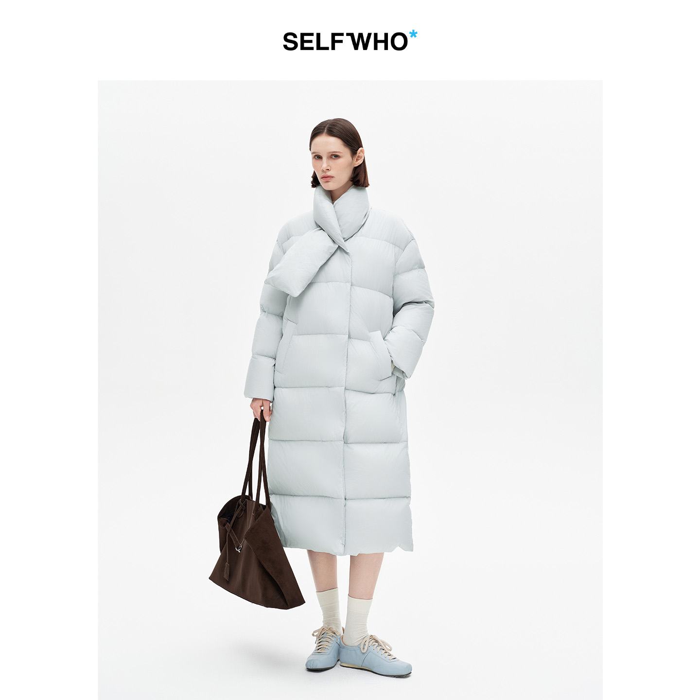 SELFWHO90白鸭绒经典围巾领长款羽绒服女2025冬新款防风保暖外套